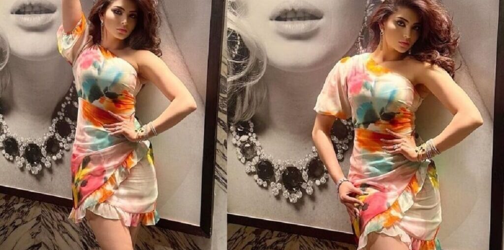 Urvashi Rautela in Marella white mini tie-dye floral dress