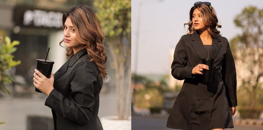 Anjali Arora in Hot Black Blazer Dress