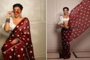 Shama Sikander in a red polka-dot saree